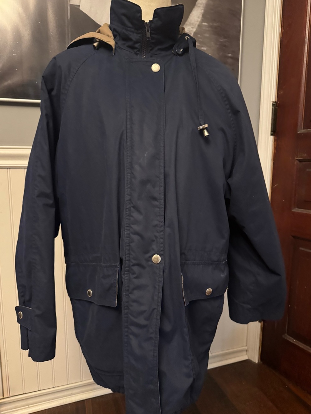 London Fog Vintage Women’s Navy Blue Hooded Utility Parka Jacket Size Large
